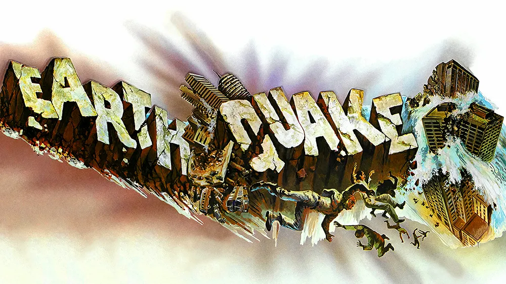 The movie poster for Earthquake - shows an illustration of the text "earthquake".