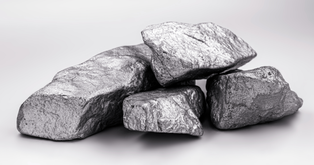 An image showing the critical commodity cobalt. Silvery gray metal rocks.
