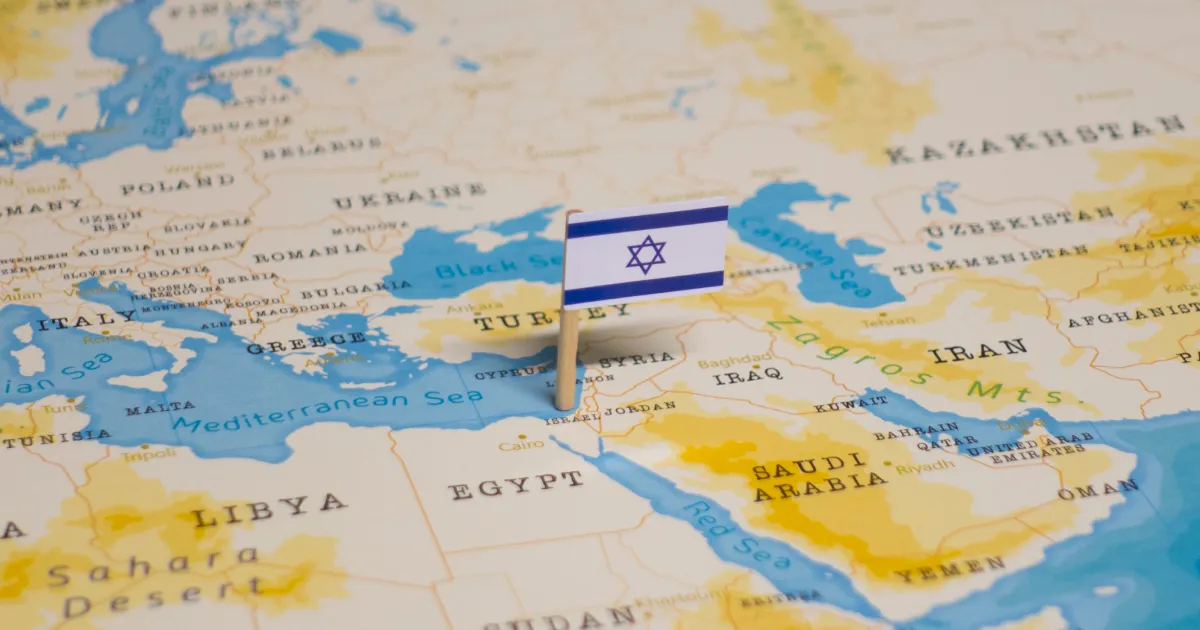 Israel-Hamas War Impacted Industries Supply Chain. An image of a map with the Israel's flag