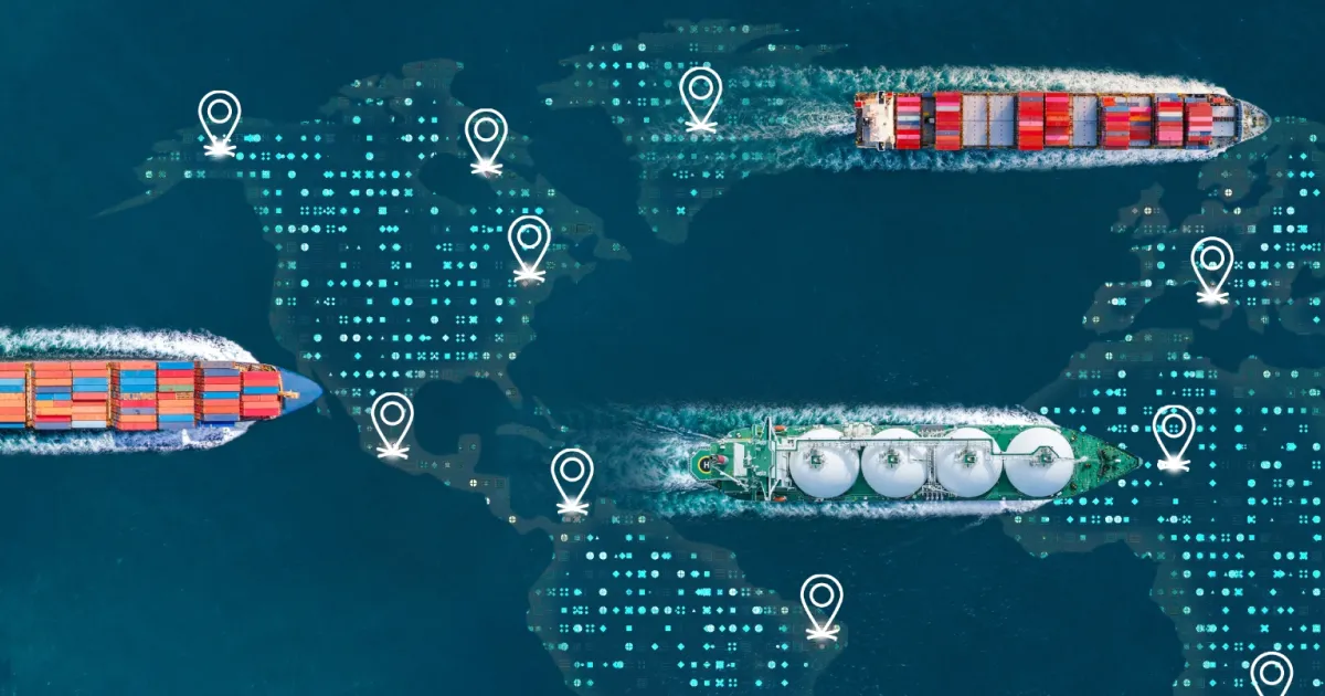 cargo ships crossing the ocean with an overlay of a world map