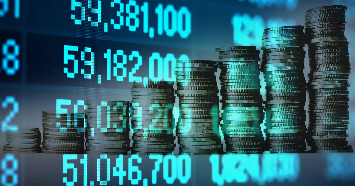 Numbers overlayed on top of a stack of coins.