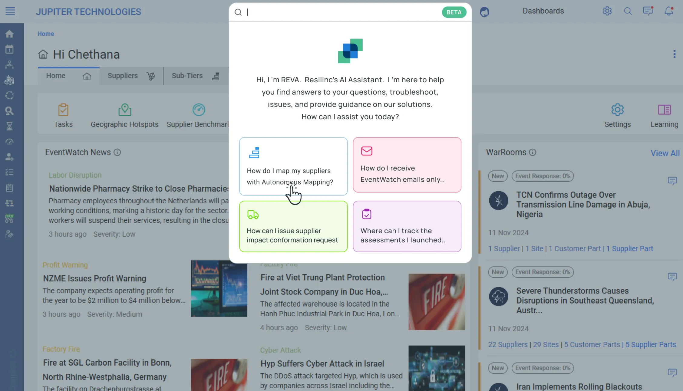 A screenshot of Resilinc's AI SCRM assistant, REVA. The screen shows frequently asked questions. 
