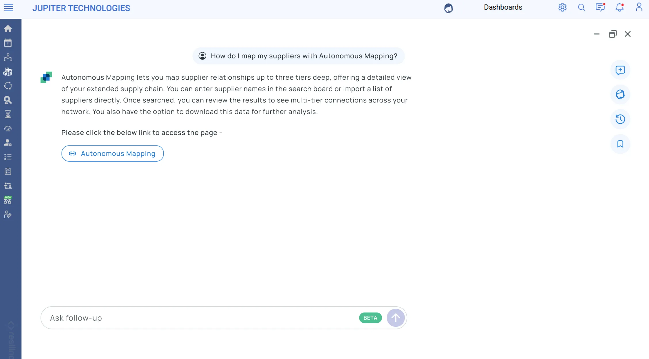 A screenshot of Resilinc's AI SCRM assistant, REVA. This screen shows the actual chat interface. 